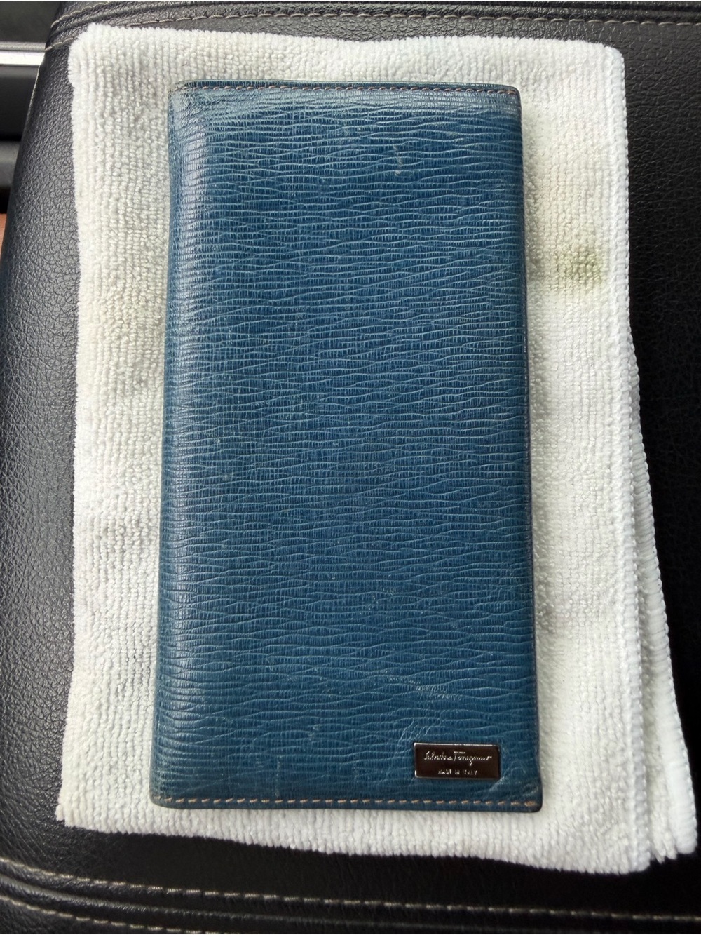 Authentic Salvatore Ferragamo Menโs Blue Leather Long Wallet w/COA